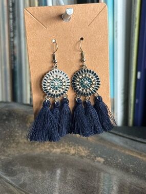 Rock & Vibe Tassel Medallion Navy Blue Drop Earrings Boho Hippie